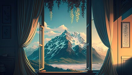 Poster - 4K resolution or higher, looking out a window at a view of the mountain in summer. Generative AI Technology