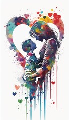 Watercolor illustration of mother and daughter or son surrounded by hearts. White background. AI generated. Mothers day Concept. 