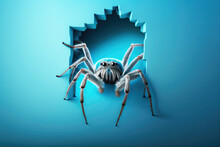 Big Ugly Spider Coming Out Of A Hole In The Wall. Blue Background With Copy Space. Generative AI