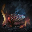 This mouth-watering photo shows a delicious stake grill, slowly cooking in a cloud of smoke. Perfect for a summer barbecue