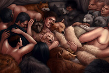 A Weird Fantasy Orgy Of Men, Women And Hybrid Furry Animal-people, All Embracing And Connected, Shirtless