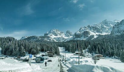 Canvas Print - Misurina, Italy - March 1, 2010: Streets covered by snow along the skiing facilities