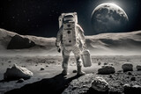 Fototapeta Kosmos - Astronaut in a space suit with a backpack standing on the Moon, generative ai