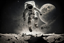 Astronaut In A Space Suit Jumping On The Moon's Surface, Generative Ai