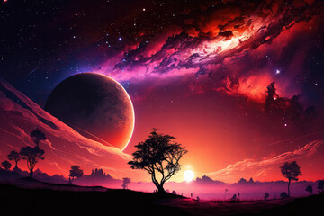 Wall Mural - Cosmic sunset with vibrant stars and distant planet, generative ai