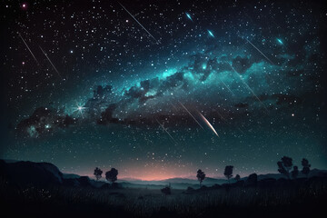starry sky with shooting stars and celestial objects, generative ai