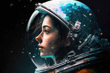 Wall Mural - With a determined expression, a female astronaut in a glass helmet ventures into the unknown, generative ai