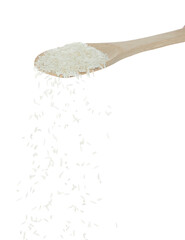 Wall Mural - Japanese Rice fall, white grain rices pouring down abstract cloud fly from spoon. Beautiful complete seed rice in air, food object design. Selective focus freeze shot white background isolated