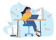 Overworked business worker. Woman at laptop sits in office at workplace. Emotional burnout, panic and stress. Mental health and psychological problems, overload girl. Cartoon flat vector illustration