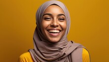Young Middle Eastern Woman Laughing Looking At The Camera Studio Shot. Generative AI