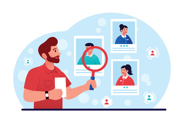 Sticker - Choosing resume concept. Man with magnifying glass analyzes candidates for vacancy. Ranking and rating, feedback, HR manager at workplace. Talent search, recruitment. Cartoon flat vector illustration