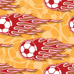 Canvas Print - Burning Football balls repeating tile background. Soccer balls and tribal fire flames seamless pattern vector image wrapping paper design.