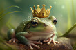 Cute frog wearing a crown on a lily pad in the middle of a pond, generative AI