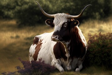 Wall Mural - Longhorn, or English, Cow (bos primigenius). Generative AI