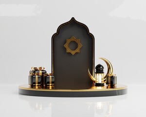 Poster - Islamic decoration background with lantern and crescent moon luxury style, ramadan kareem, mawlid, iftar, isra miraj, eid al fitr adha, muharram, copy space text area, 3D illustration.