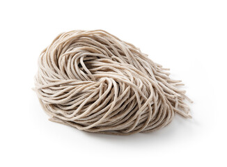 Raw soba noodles placed on a white background.