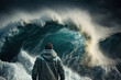 Man standing front of big strom wave abstract background. Challenge and brave concept. Generative AI