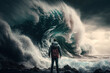 Man standing front of big strom wave abstract background. Challenge and brave concept. Generative AI