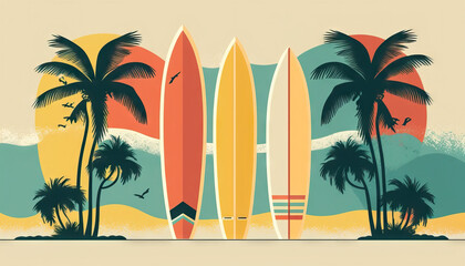 Wall Mural - surfboard on tropical beach abstract background. graphic illustration design. generative ai
