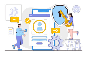 Cyber security vector illustration concept with characters. Data security, protected access control, privacy data protection. Modern flat style for landing page, web banner, infographics, hero images