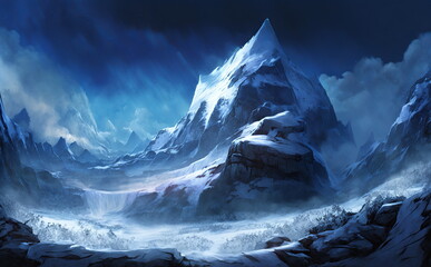 Sticker - Fantastic Winter Epic Landscape of Mountains. Celtic Medieval forest. Frozen nature. Glacier in the mountains. Mystic Valley. Artwork sketch. Gaming RPG background. Game asset. Generative AI