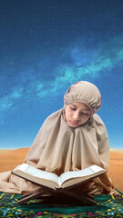 Wall Mural - Asian Muslim girl in hijab on prayer rug reading the Quran