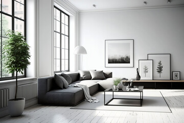 A minimalist living room with clean lines and functional furniture pieces in neutral colors. This photorealistic modern and sleek aesthetic with a spacious feel and plenty of nature. Generative AI