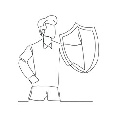 Wall Mural - Continuous single one line drawing art of businessman holding shield protection security. Vector illustration of finance defense guard and health care.