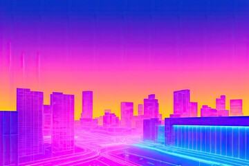 Wall Mural - Retro futuristic synthwave retrowave styled night cityscape with sunset on background. Cover for retro wave music. Generative AI