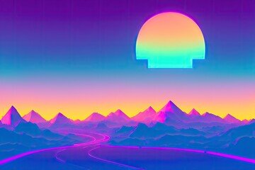 Wall Mural - Retro futuristic synthwave retrowave styled night mountains with sunset on background. Cover for retro wave music. Generative AI.