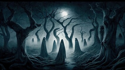 Wall Mural - Ghosts in a foggy forest at night