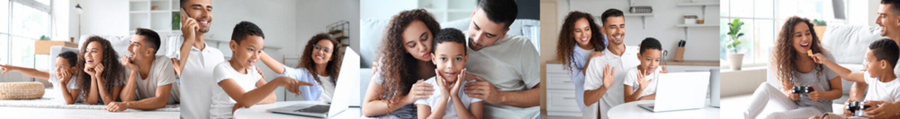 Canvas Print - Collage of happy interracial family resting at home