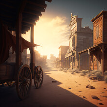 Old West Wagon On A Western Town With Dusty Roads And Old Wooden Buildings Generative AI