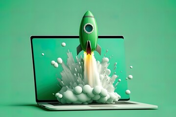 Rocket coming out of laptop screen, green background. AI digital illustration concept of ideas and start up. Generative AI