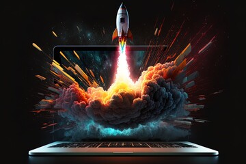 Rocket coming out of laptop screen, black background. AI digital illustration concept of ideas and start up. Generative AI