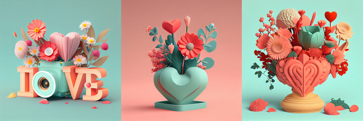 Wall Mural - Valentine's day colorful card design illustration. Isolated composition of beautiful rendered flowers, collection