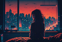 A Woman Who Has A Lot Of Thoughts Can't Sleep In Her Bedroom, City Lights Background, Ai Generated