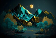 3d Modern Art Mural Wallpaper, Night Landscape With Dark Turquoise Mountains, Dark Black Background With Stars And Moon, Golden Trees, And Gold Waves.