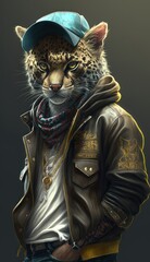  Photo Shoot of King of the Streets:A Majestic Wild cat Animal Rocked in Hip Hop Streetwear Fashion like Men, Women, and Kids (generative AI)