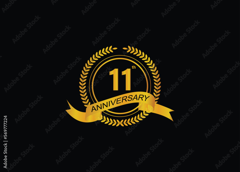 11th golden anniversary logo with ring and ribbon, laurel wreath vector ...