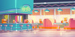 © klyaksun - Retro restaurant, diner interior with bar counter. Vintage coffee shop, american cafe with tables, sofas and stools. Empty cafeteria interior in 50s style, vector illustration in contemporary style