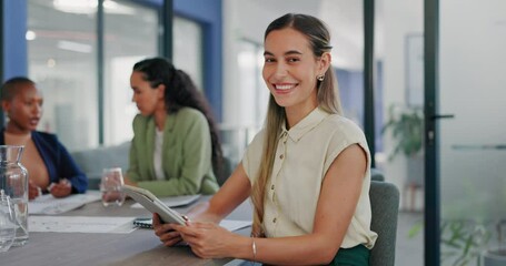 Canvas Print - Woman, tablet and face in office meeting for online planning, strategy or smile. Happy female business worker working on digital technology of productivity, connection or happiness in startup company