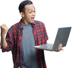 handsome asian man holding laptop computer on isolated background