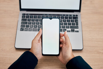 Wall Mural - top view, mockup and hands with smartphone, screen and connection for internet, digital planning or 
