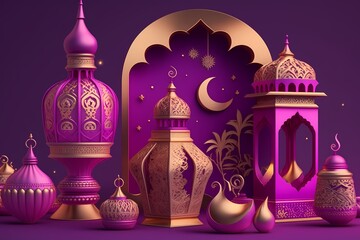 Ramadan Kareem Celebration and Decoration,3D Render Illustration Design