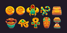 Game Icons Of Ancient Egyptian Gold Coins, Pharaoh Tomb, Vase, Amulets And Hourglass. Golden Badges With Symbols Of Gods Of Egypt, Vector Cartoon Set Isolated On Background