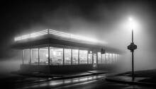 Rural Diner At Night. Black And White Photography. Long Exposure Created Using Generative AI