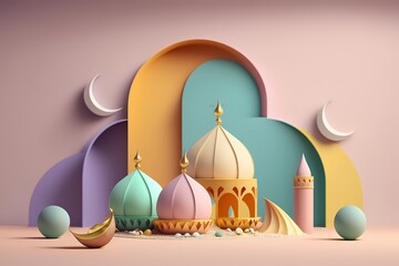 Ramadan Kareem Celebration 3D render Colorful Illustration on Pastel Color Design