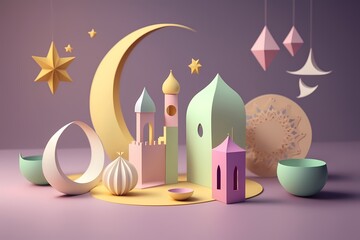 Ramadan Kareem Celebration 3D render Colorful Illustration on Pastel Color Design