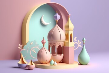 Ramadan Kareem Celebration 3D render Colorful Illustration on Pastel Color Design